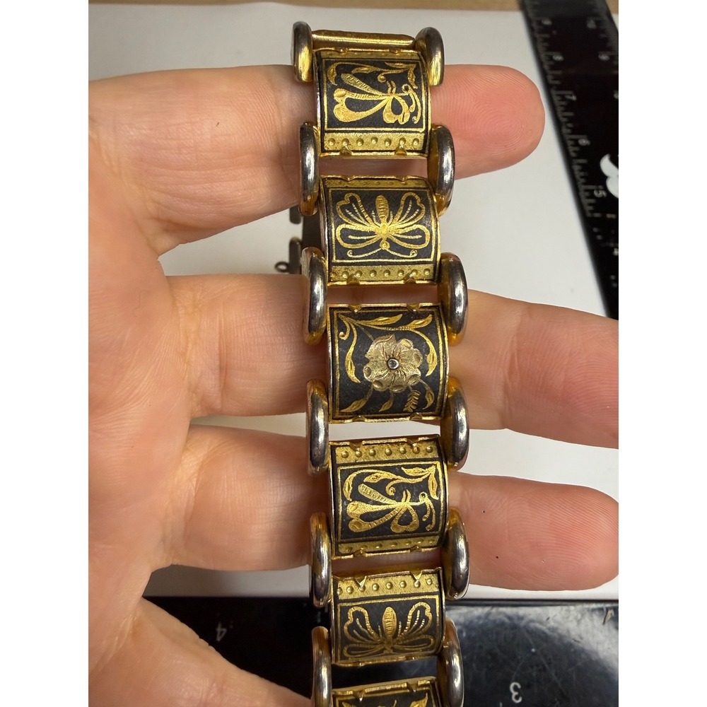 Damascene Floral Butterfly Link Bracelet Mixed Metal Gold Tone Black 7.5 Inch